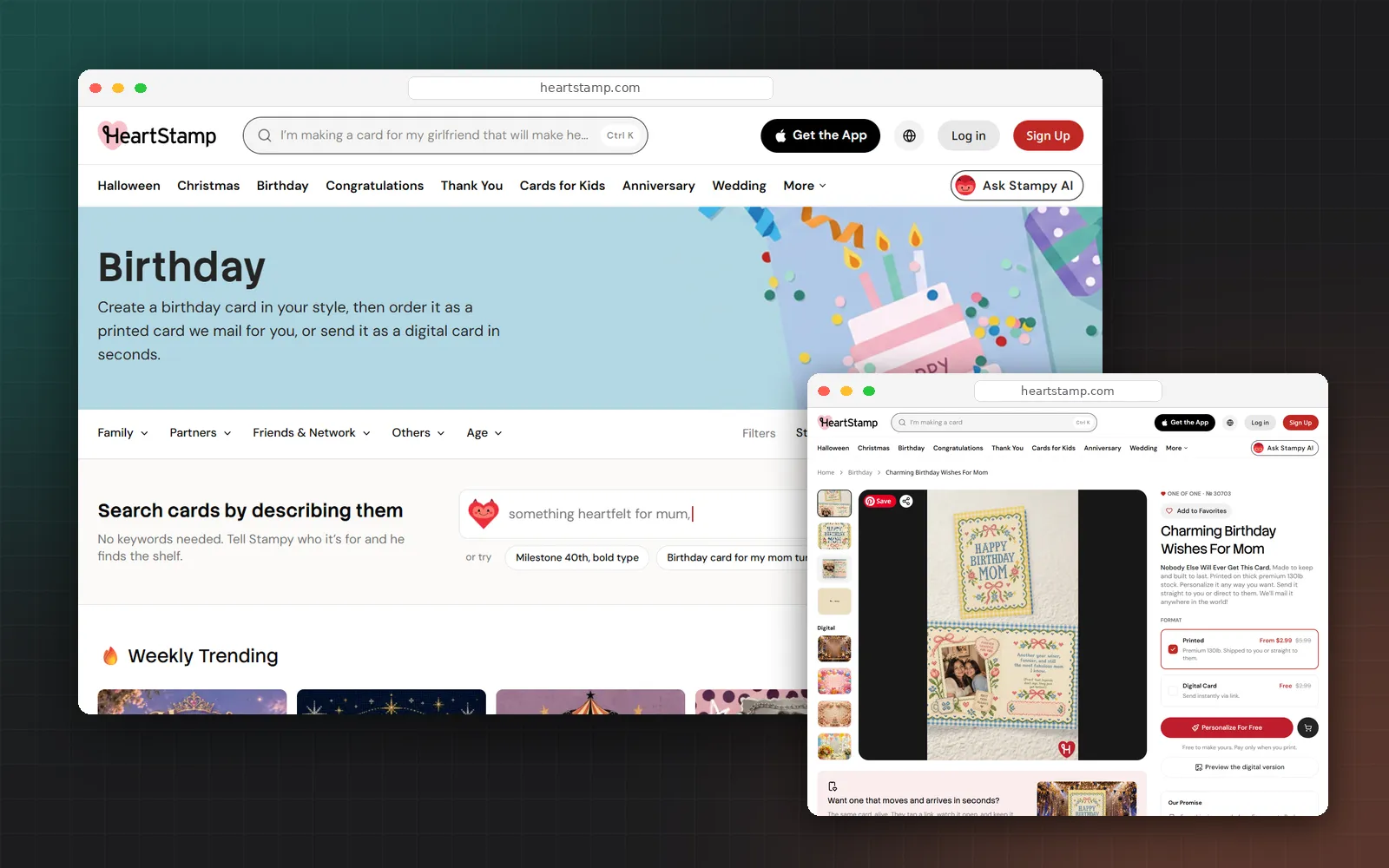 HeartStamp's birthday category page and a personalized card product page in browser windows