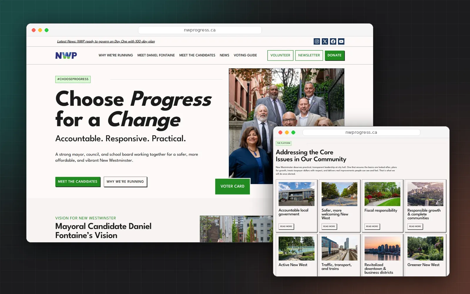 The redesigned New West Progressives homepage and platform page in browser windows